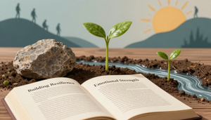 Open book in soil with rocks and seedlings growing toward the sun and a flowing stream
