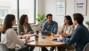 Five people in a meeting around a wooden table, discussing in a bright office with laptops and coffee cups.