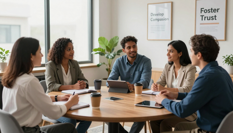 Five people in a meeting around a wooden table, discussing in a bright office with laptops and coffee cups.