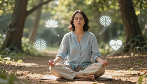 Person meditating cross-legged on a mat in a sunlit forest, with wellness icons floating nearby