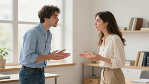Two people talking in a bright office, facing each other and gesturing with their hands.