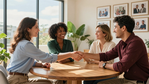 Four people shaking hands and smiling around a table in a bright office meeting room