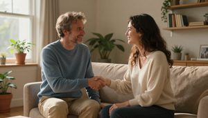 Two people smiling and shaking hands on a couch in a bright living room