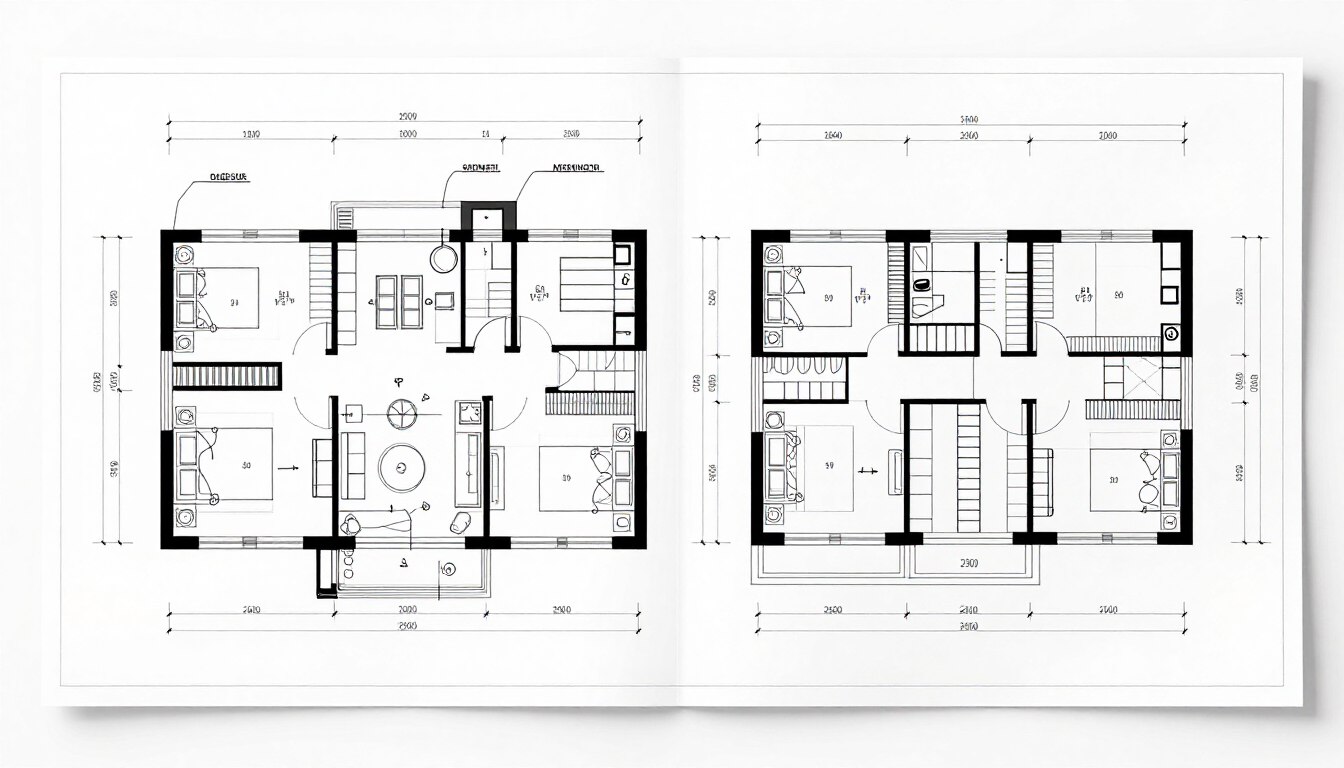 Detailed architectural blueprint showing floor plan linework and construction annotations