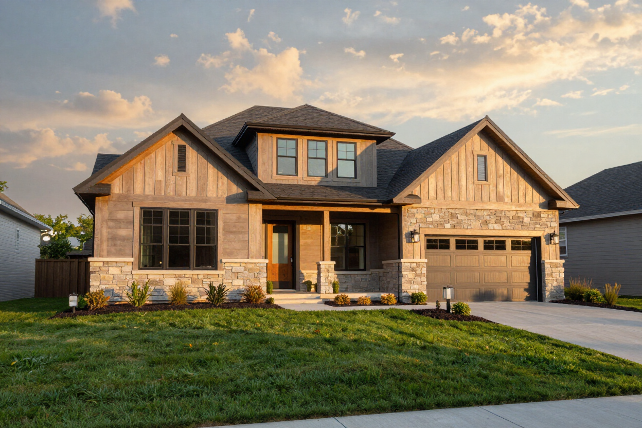 Newly built custom home at golden hour