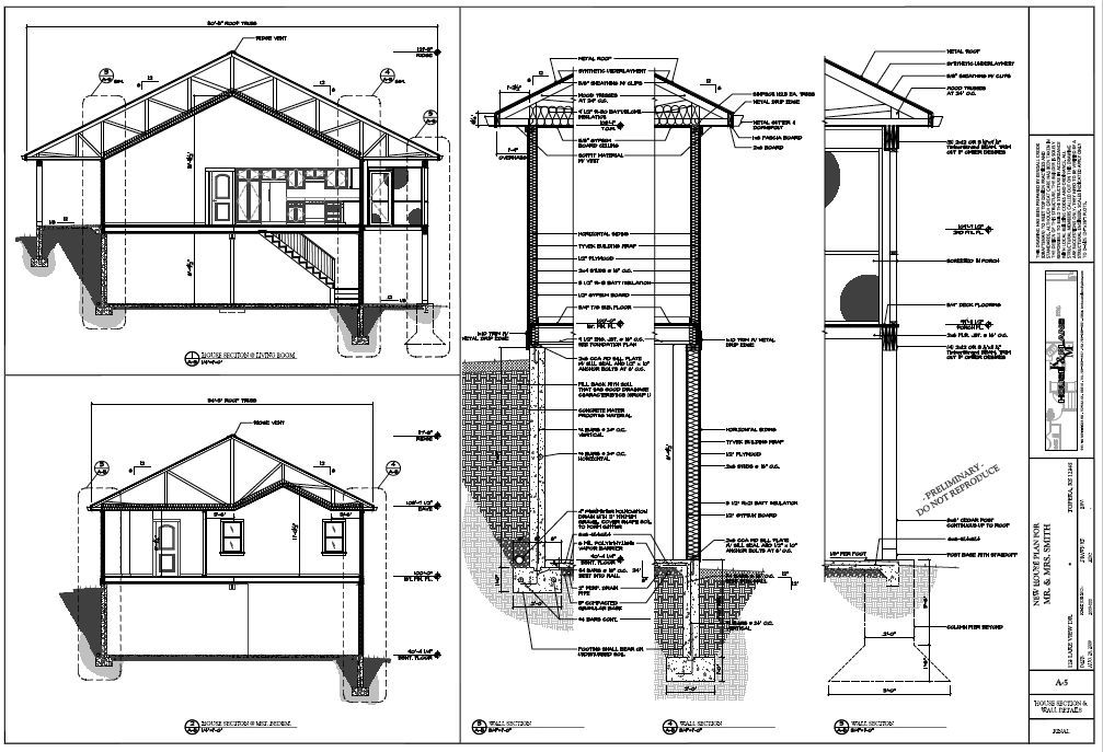 Mr. & Mrs. Smith architectural plan sheet showing cross-sections, wall sections, and construction detail callouts