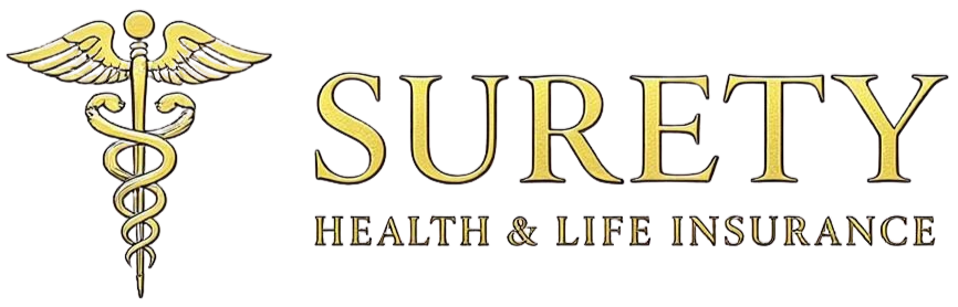 Logo for Surety Health & Life Insurance: a gold caduceus symbol next to the word 