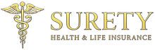 Logo for Surety Health & Life Insurance: a gold caduceus symbol next to the word 