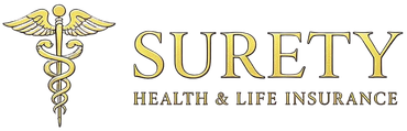 Logo for Surety Health & Life Insurance: a gold caduceus symbol next to the word 