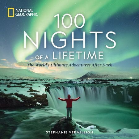 Book cover: A person stands before a waterfall and aurora borealis. Title: