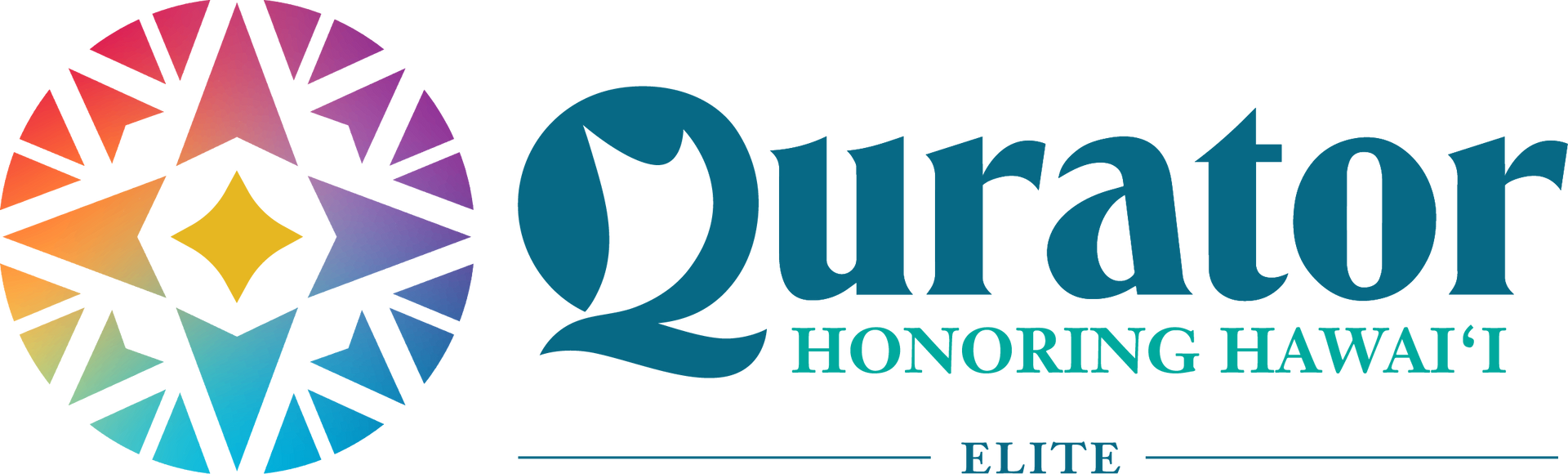 Logo for Qurator Honoring Hawai'i, featuring a compass rose design in rainbow colors, teal text on white background.