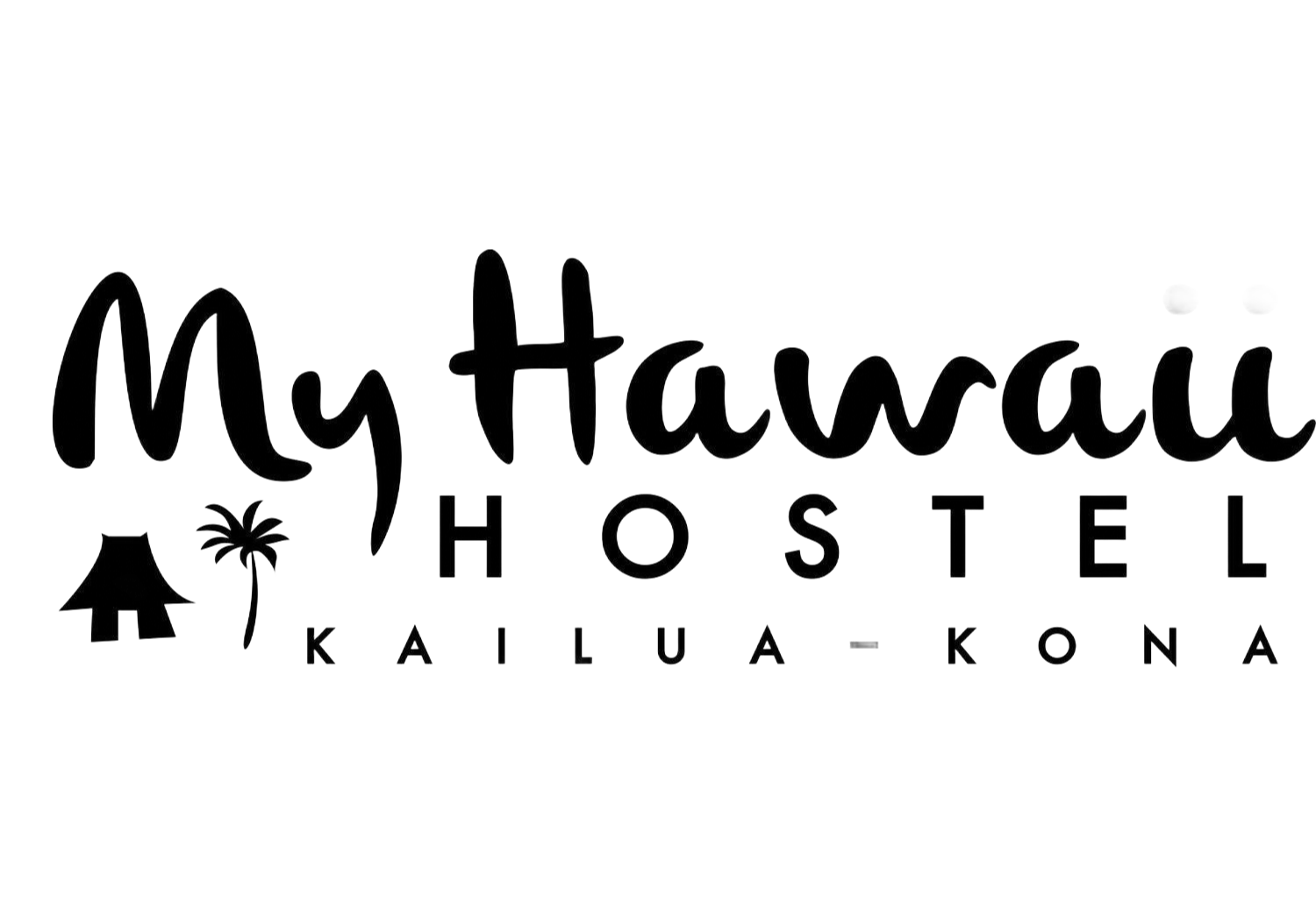 Logo for My Hawaii Hostel in Kailua-Kona with a stylized palm tree, hut, and text in a script font.