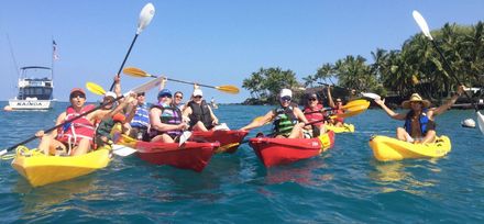 Kayakers paddling on blue water. Several people in colorful kayaks, some with paddles raised.