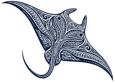 Detailed illustration of a manta ray, with intricate patterns in a dark blue color.