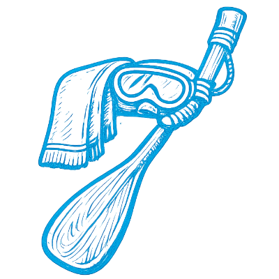 Paddle with snorkel mask and towel; blue outline.
