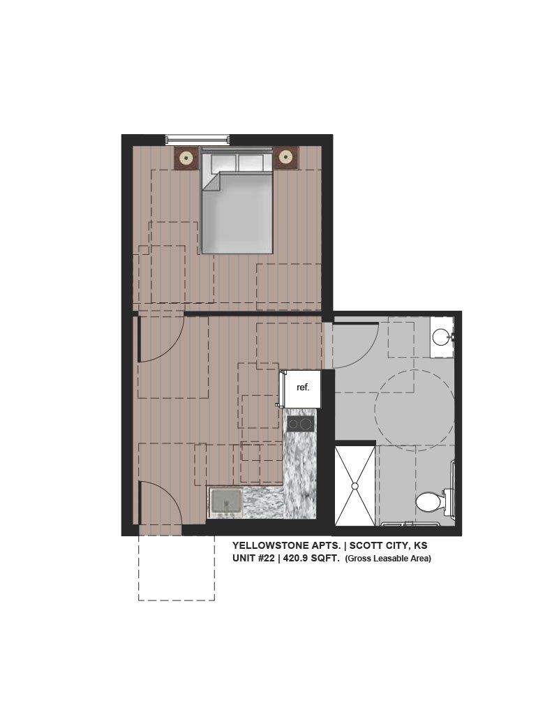 Top-down floor plan with bedroom, kitchen, and bathroom in muted gray and brown tones.
