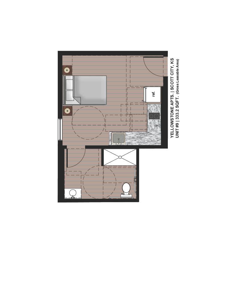 Compact apartment floor plan with bedroom, bathroom, kitchen, and living area in gray and beige tones