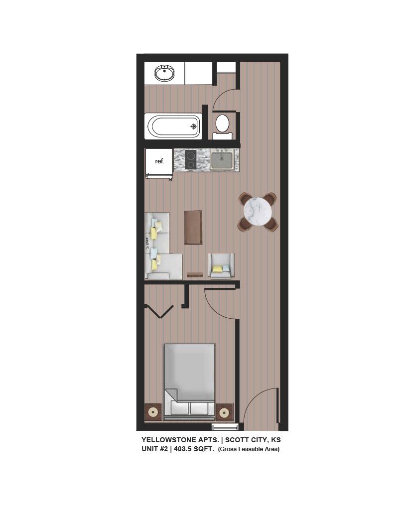 Top-down floor plan of a narrow studio apartment with bed, kitchenette, bath, and small table.