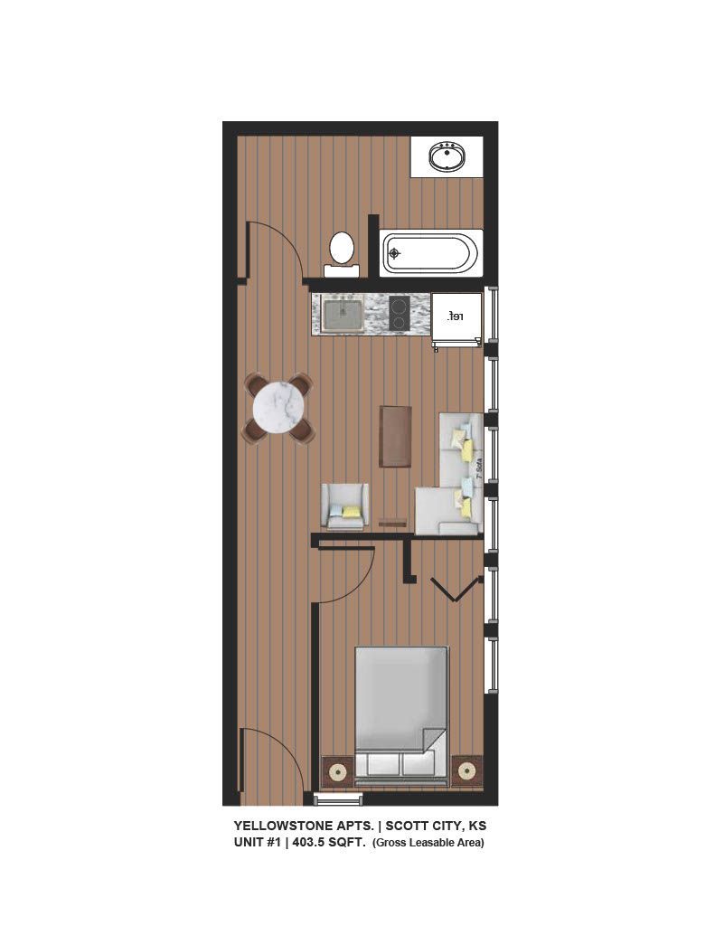 Top-down floor plan of a small apartment with kitchen, living area, bedroom, and bathroom.
