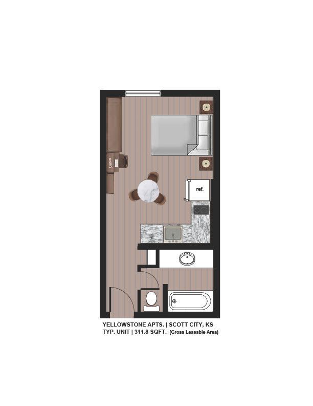 Top-down studio apartment floor plan with bed, kitchen, bathroom, and dining area.