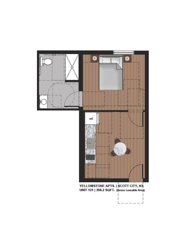 Floor plan of a small apartment with bedroom, bathroom, kitchen, and living area in brown and gray tones