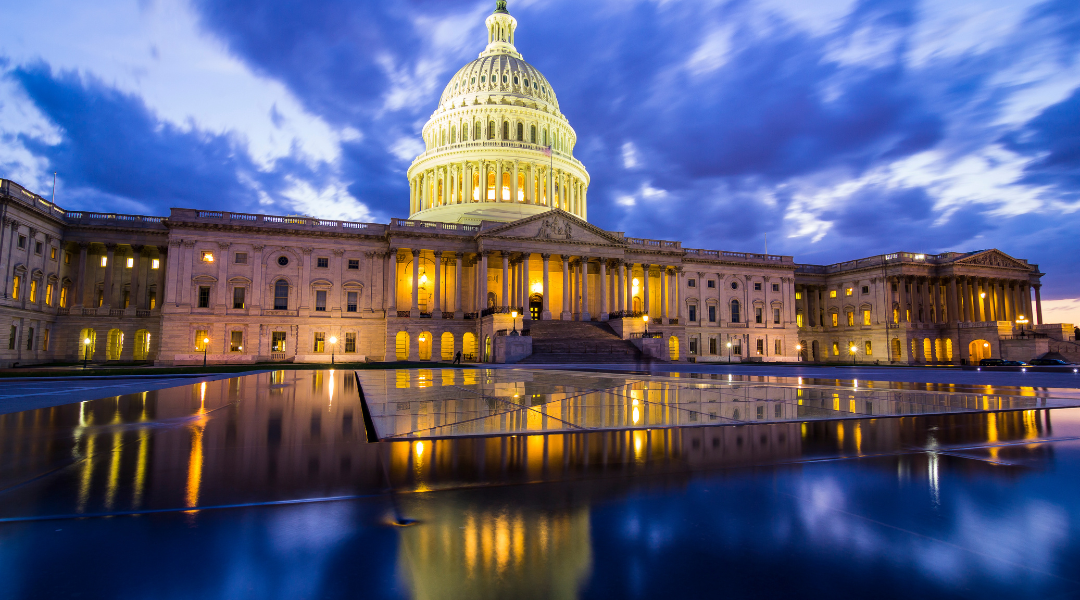 The capitol building is lit up at night and reflected in the water.