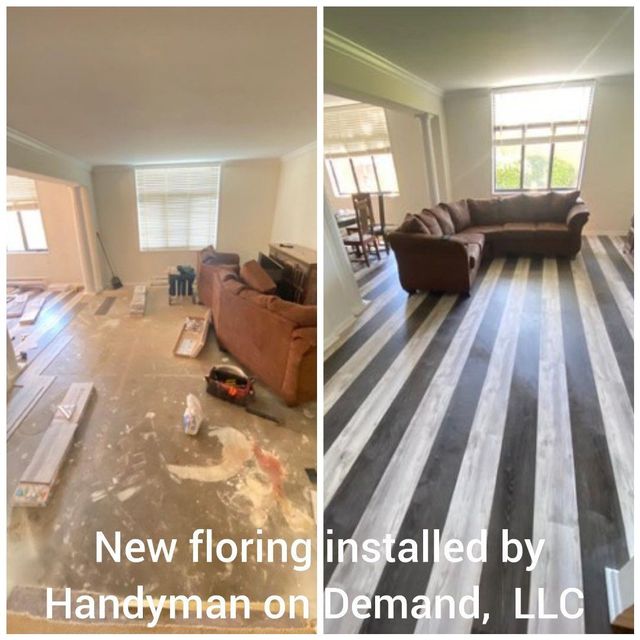 New plank flooring laid through a living room, a Handyman on Demand project