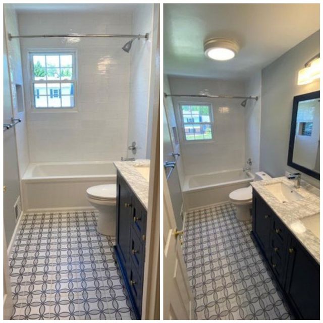 Bathroom with patterned floor, before and after - Handyman on Demand