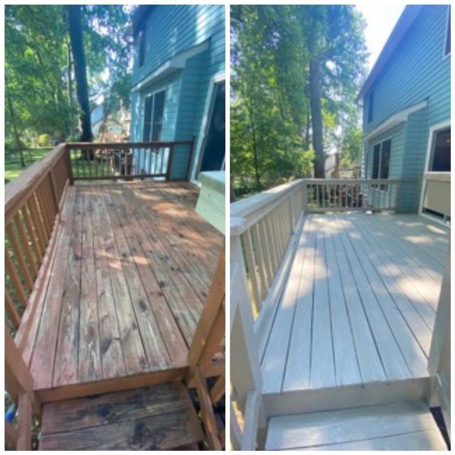 Deck boards and railings refinished on a two-story home, a Handyman on Demand project