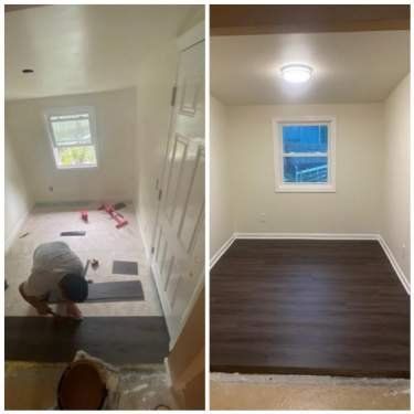 Bedroom floor before and after new plank flooring by Handyman on Demand