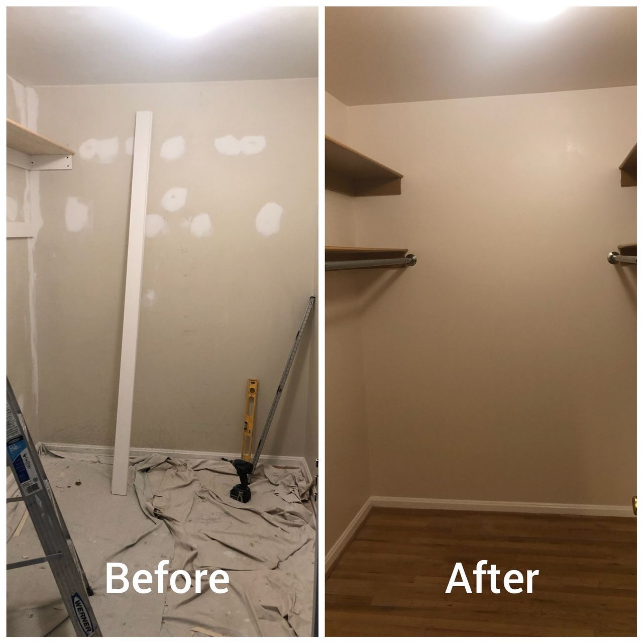 Closet drywall patched, painted and re-floored by Handyman on Demand