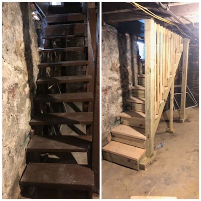 Basement stairs rebuilt with new stringers and treads, a Handyman on Demand project