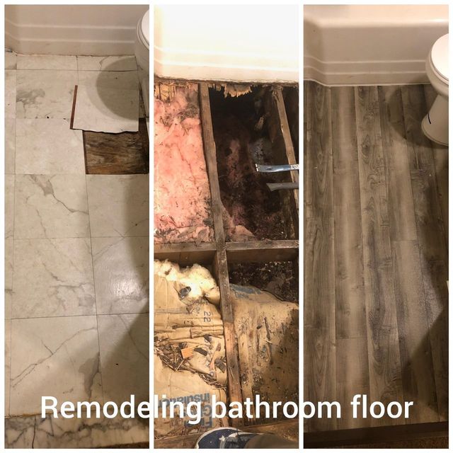 Water-damaged bathroom subfloor cut out and rebuilt, a Handyman on Demand project