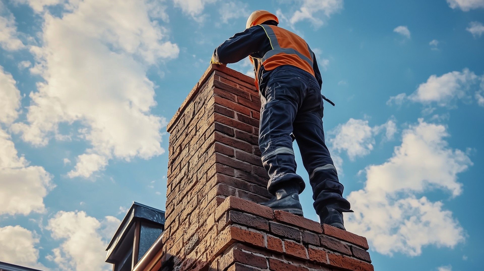 A construction worker on a chimney, wearing safety gear, against a cloudy blue sky.