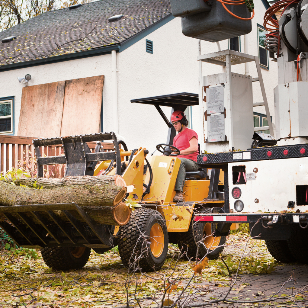 Yellow loader carrying logs at a worksite beside a truck and boarded-up building