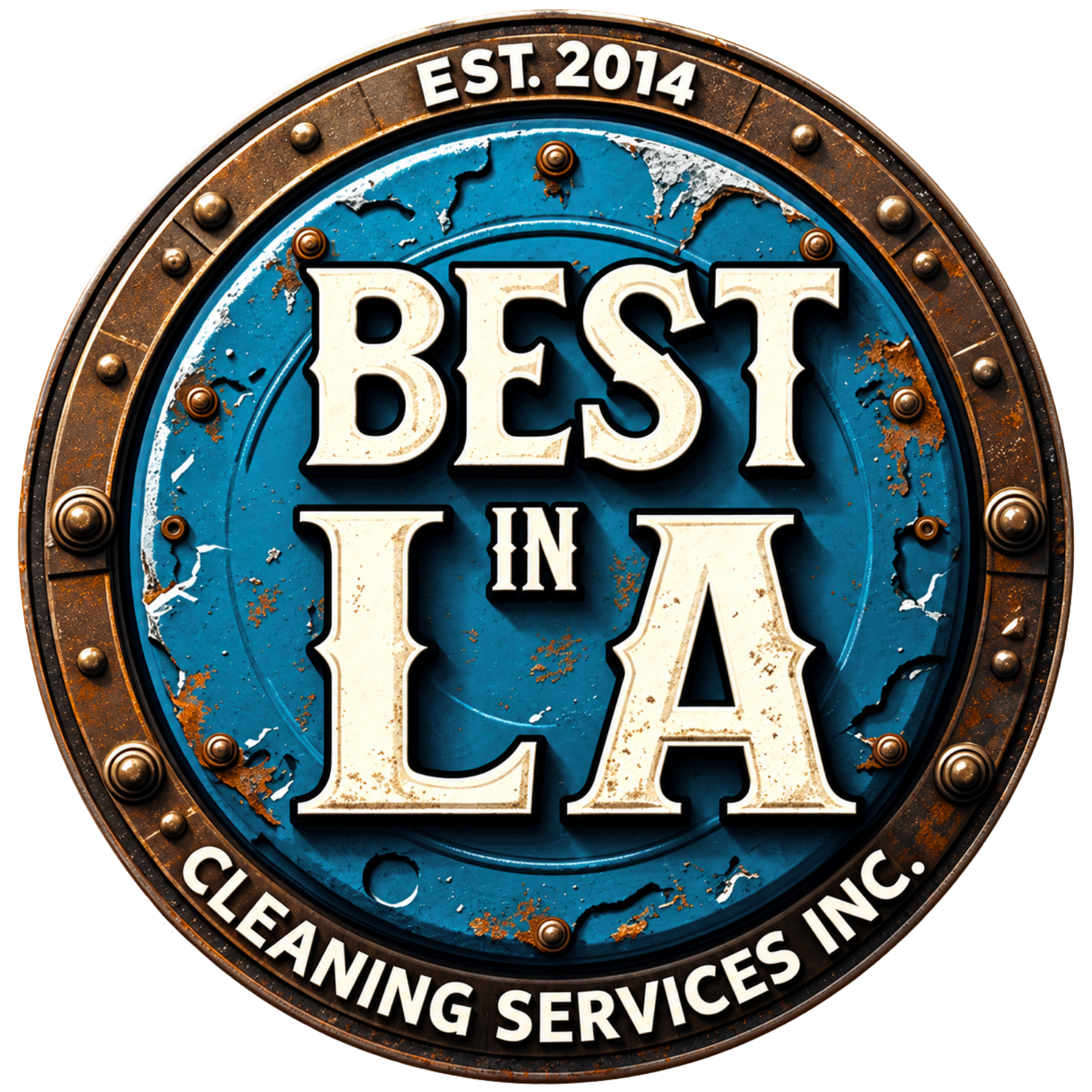 Circular blue and bronze logo for Best in LA Cleaning Services Inc., EST. 2014