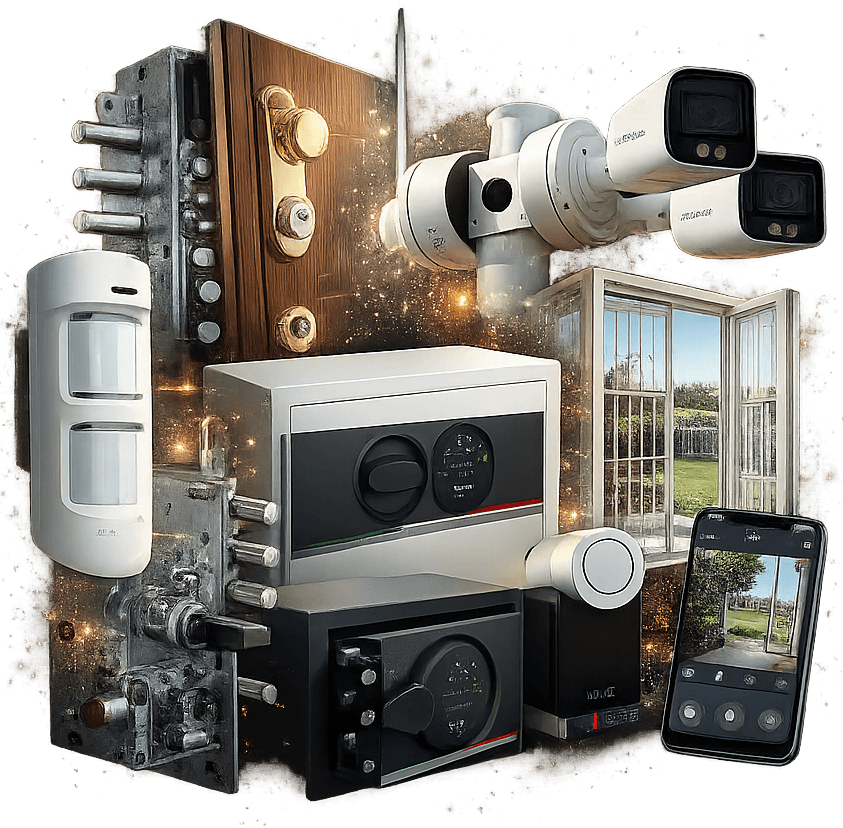 Dispositivi del sistema di sicurezza: serrature intelligenti, telecamere, sensori e un'app per smartphone su una parete di legno con una finestra.