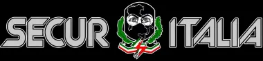 Logo SECUR ITALIA con scritte metalliche e un teschio in una corona d'alloro verde, nastro rosso sottostante