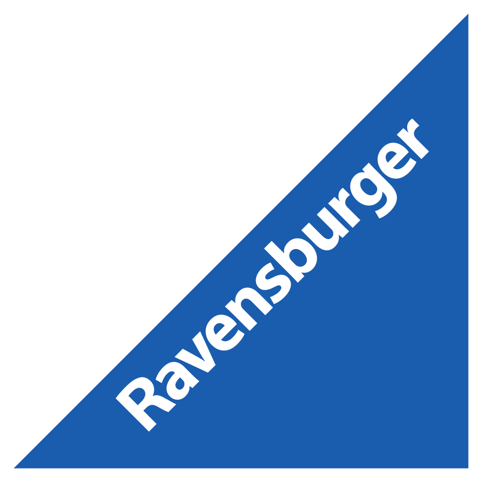 Ravensburger-logo: hvid tekst på blå trekant, i hvidt hjørne.