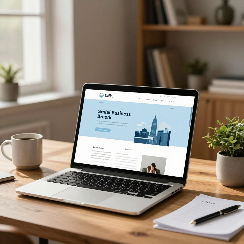Open laptop on desk with website homepage, coffee mug, notebook, and potted plant by a window