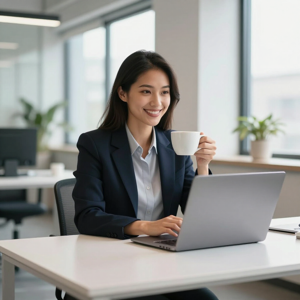 Woman working on a laptop at a desk and smiling while holding a white mug in a bright office