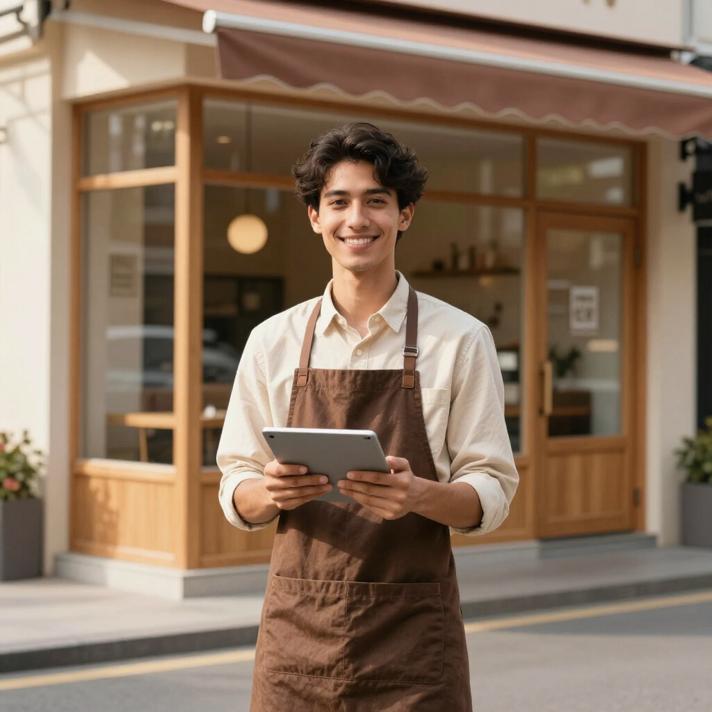 Smiling café worker in a brown apron holding a tablet outside a storefront