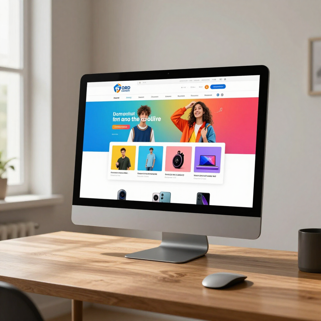 Desktop computer displaying a colorful website on a wooden desk in a bright room