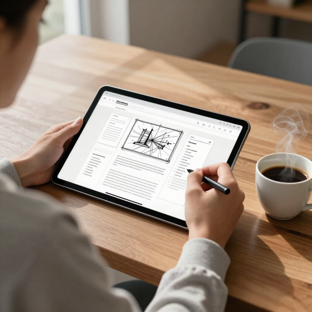 Person using a tablet and stylus at a wooden table beside a steaming cup of coffee