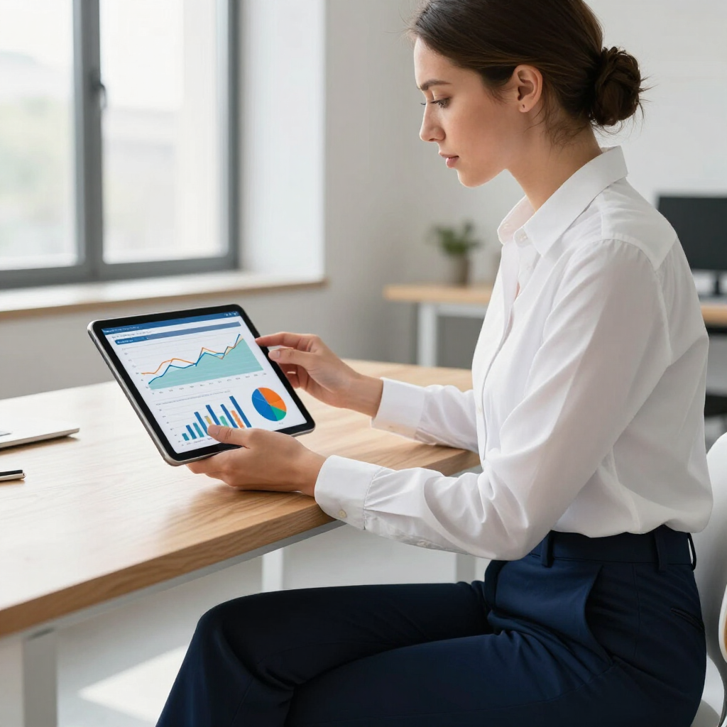 Professional reviewing a tablet with charts at a desk in a bright office