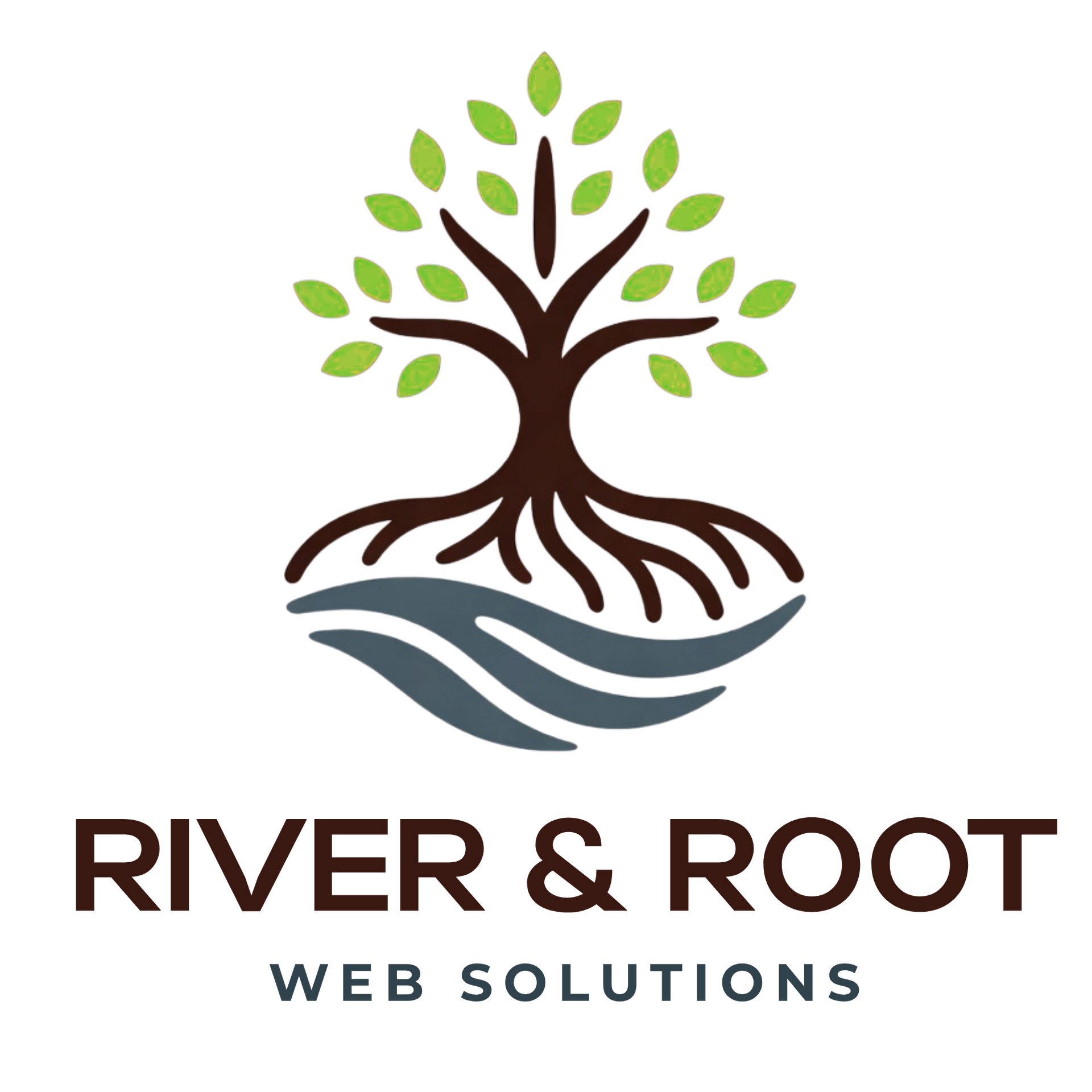 River & Root Web Solutions logo with a brown tree, green leaves, and blue waves