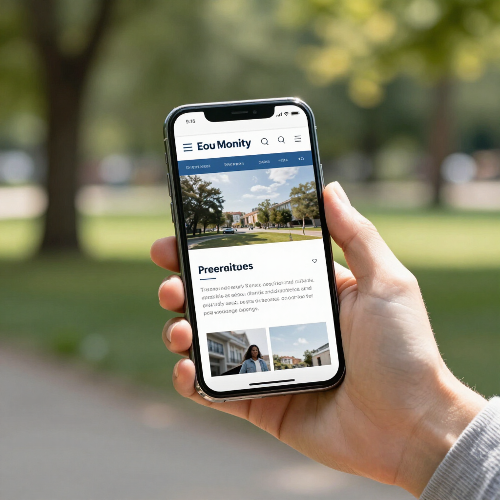 Hand holding a smartphone showing a real estate website with home listings outdoors in a park.