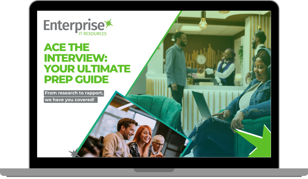 A laptop computer is open to a page that says `` ace the interview : your ultimate prep guide ''.