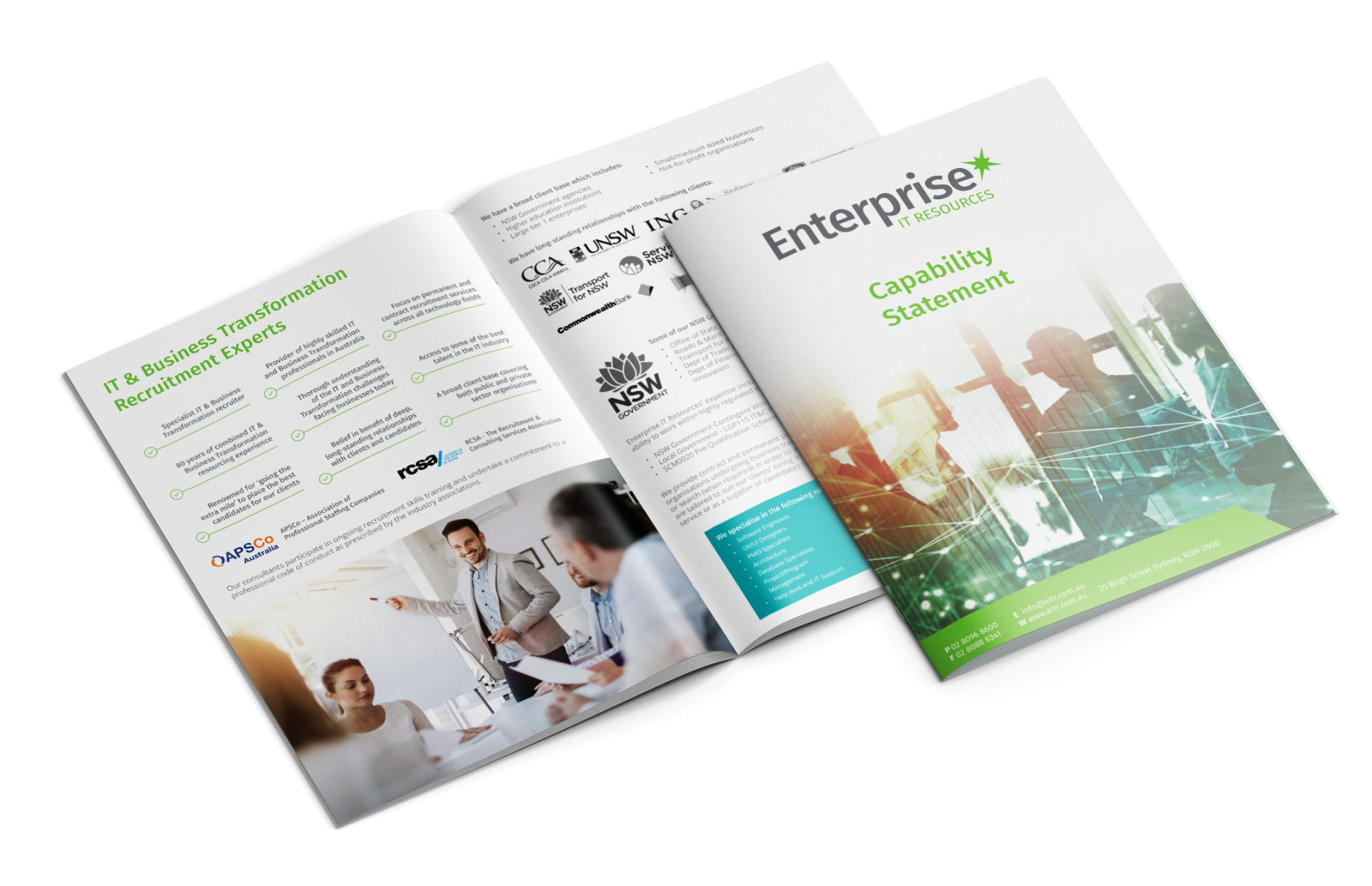 A brochure with a picture of a group of people having a meeting.