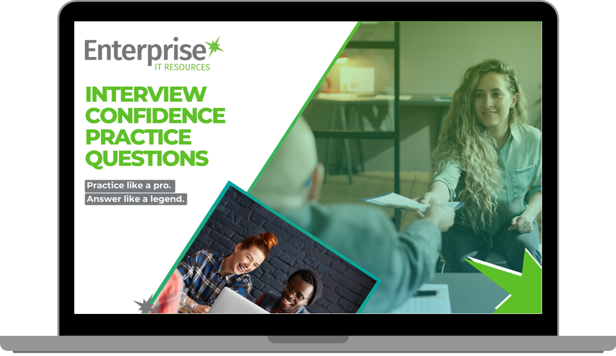 A laptop computer is open to a page that says interview confidence practice questions.